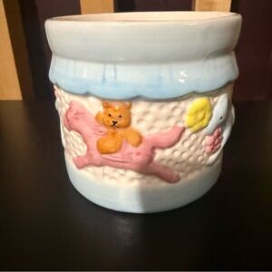 Vintage Nursery Carousel Planter Ceramic Teddy Bear Rocking Horse Blue Pink